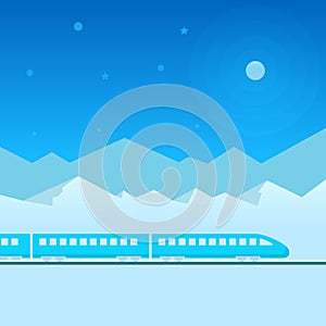 Flat illustration train on railway with outdoor landscape in night. Vector travel concept background.