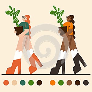 Flat illustration two girls in heels with a pot of flowers in their hands