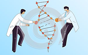 Flat Illustration of Two Scientist Man, Characters Doing Genetic DNA Gene treatment. Man repairing DNA Spiral for CRISPR