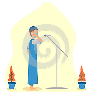 Flat illustration vector graphic of man call to prayer during Ramadan wearing mask