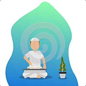 Flat illustration vector graphic of man reading Al-Qur`an at Ramadan kareem for Ramadan needs.