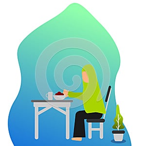 Flat illustration vector graphic of women eat Sahur alone good for Ramadan needs. photo