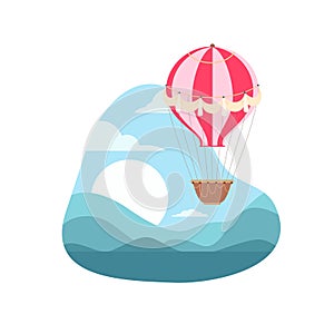 Flat illustration of vintage hot air balloon in the sky, sunrise and hills. Cartoon aerostat with ribbon. Vector image