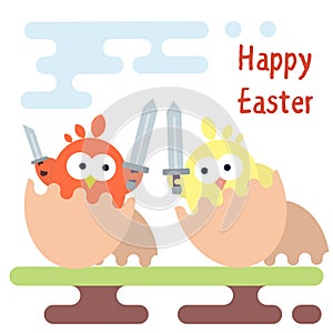 Flat illustration of warrior chickens. Easter card template.