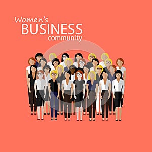 Flat illustration of women business community. a large group of business women or politicians. summit or conference family image