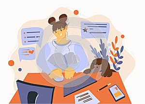 Flat illustration about work at home and freelance. The girl works at home. Pets. Working at a computer online, chatting with frie