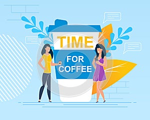 Flat Illustration Written on Cup Time for Coffee.