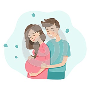 Flat illustration about young couple expacting a child birth. Young pregnant woman with her man, two happy parents. A