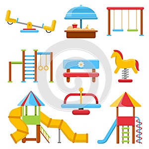 Flat illustrations of kids playground with various equipment