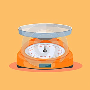 Flat image of kitchen scales on orange background. Simple vector icon of a kitchen scale. Digital illustration.