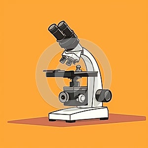 Flat image of a microscope on an orange background. Simple vector image of a microscope. Digital illustration.