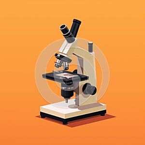 Flat image of a microscope on an orange background. Simple vector image of a microscope. Digital illustration.