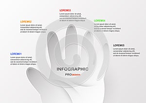 Flat infographic elements with hand on grey and white background