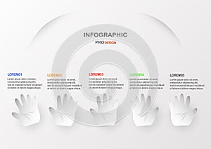 Flat infographic elements with hand on grey and white background