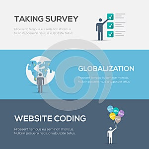 Flat internet concepts. Website coding, globalization and survey.