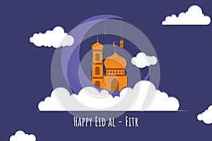 Flat Islamic Background design template for ramadan, eid alfitr, isra miraj, and islamic new year with mosque, Lantern, moon,