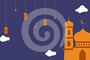 Flat Islamic Background design template for ramadan, eid alfitr, isra miraj, and islamic new year with mosque, Lantern, moon,