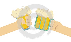 Flat isolated illustration of drinking beers. Two hands holding and clinking with glass and mug beer, cheers. Party celebration in