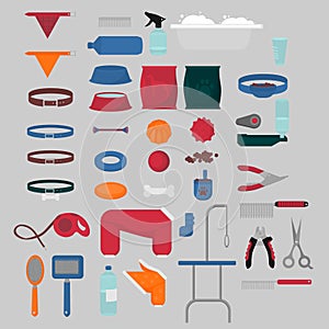 Flat isolated set of dog items elements. Pet icons walking, feeding, grooming salon equipment. Doggy fashion clothes