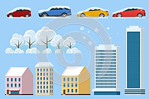 Flat isolated winter icons snowy car, snowdrift, house, office, snowy tree. Cars covered in snow on a road during