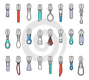 Flat isolated zipper pullers. Various puller for zippers, tailor equipment. Pulls for bag, jeans, jacket and clothes