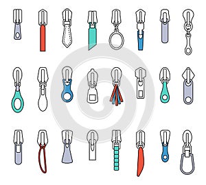 Flat isolated zipper pullers. Various puller for zippers, tailor equipment. Pulls for bag, jeans, jacket and clothes photo