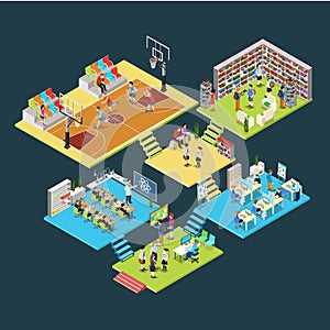 Flat isometric 3d education school college interio