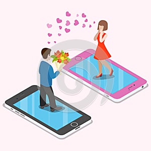 Flat isometric 3d virtual love couple date smartphone