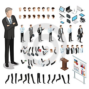 Flat isometric body parts man set. Business