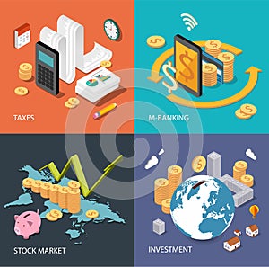 Flat isometric concept: finance, stock market, investing, taxes, m-banking photo