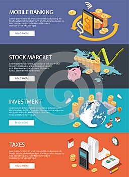 Flat isometric concept: finance, stock market, investing, taxes, m-banking photo
