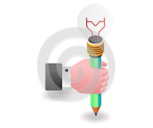 Flat isometric concept illustration. hand holding pencil idea lamp