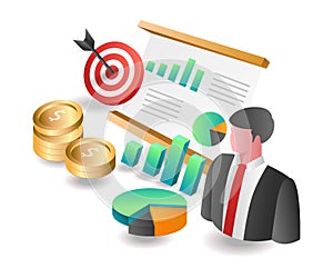 Flat isometric concept illustration. investment business income data analysis