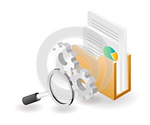 Flat isometric concept illustration. the process of searching for data in the analysis folder