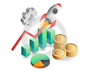 Flat isometric concept illustration. rocket launch analysis with money