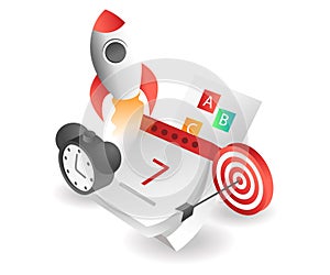 Flat isometric concept illustration. rocket launch time calendar