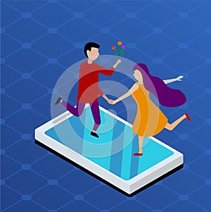 Flat isometric couple date on smartphones vector illustration. isometry virtual mobile love and dating app concept. Man