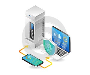 Isometric 3d concept illustration of server data security analysis