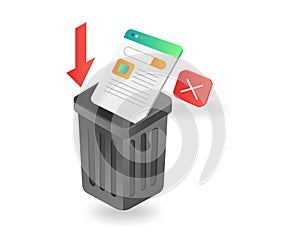 Flat isometric 3d flat illustration of throwing data in trash