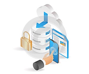 Flat isometric 3d illustration cloud server security control