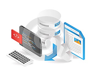 Flat isometric 3d illustration programmer web hosting database