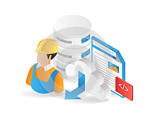 Flat isometric 3d illustration web hosting database maintenance programmer