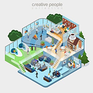 Flat isometric department business people working