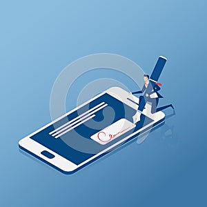 Flat Isometric. Digital signature. Businessman sign on smartphone.