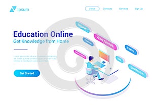 Flat Isometric Education Online vector. Man workin