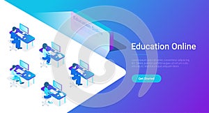 Flat Isometric Education Online vector. People wor