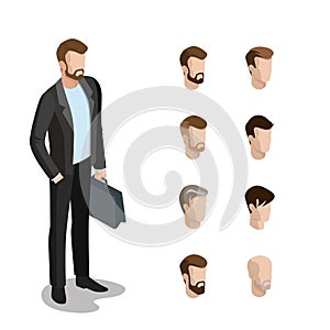 Flat isometric head face types man hair style cons