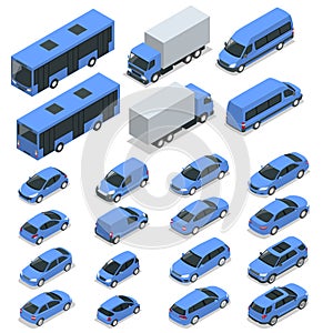 Flat isometric high quality city transport car icon set. Car, van, cargo truck