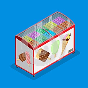 Flat isometric ice cream gelato fridge vector illu