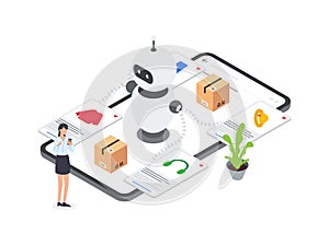 Flat Isometric illustration of AI robot assists woman in product selection on mobile e commerce platform, providing personalized